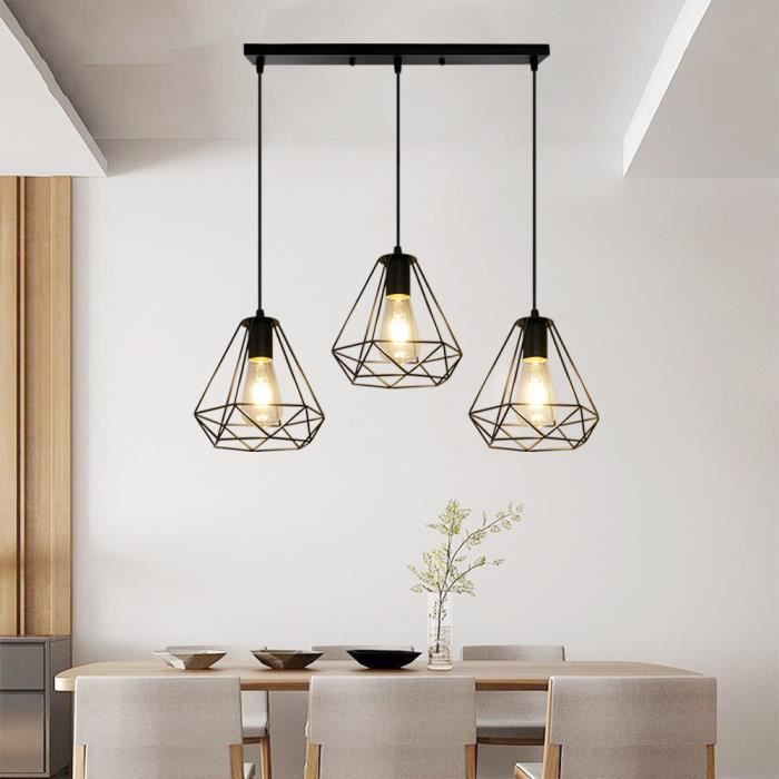 Lustre Suspension Moderne COUNT E27 Pendentif industriel 3 têtes Cage en Métal Noir Pour Salon Bar Salle à manger Cuisine Loft