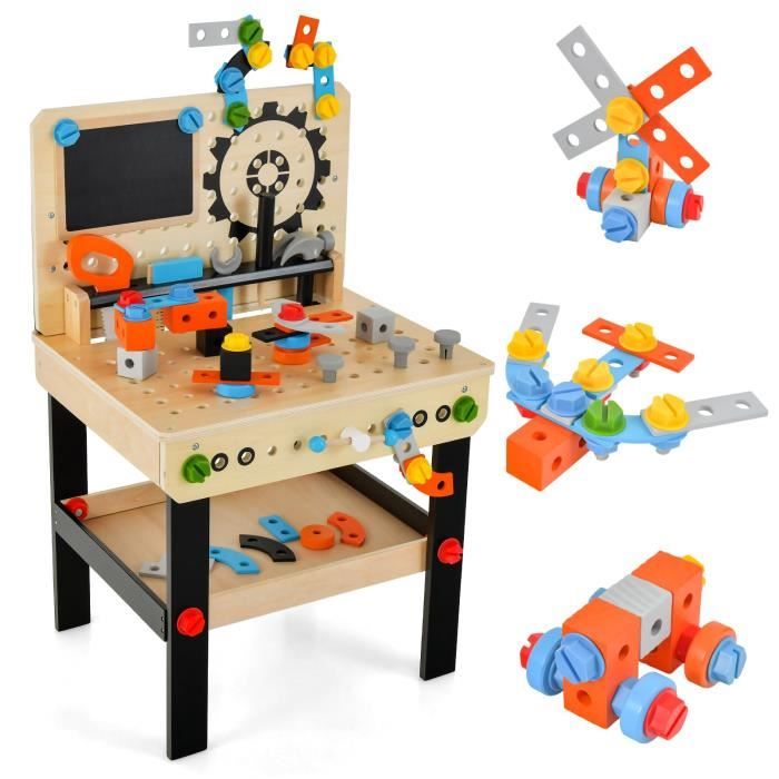DREAMADE ??tabli Enfant avec 6 Outils et 75 Accessoires, Jouet Bricolage en Bois avec Tableau 