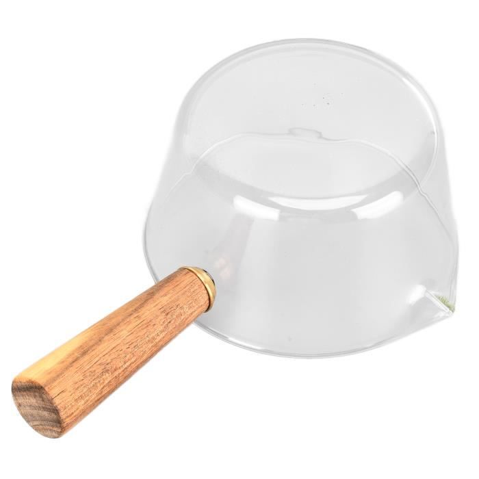 Pot à Lait En Verre Borosilicate 400 Ml - Bec Verseur En V - Poignée En Bois - Pour Cuisinière à Gaz - Idéal Lait, Sauces, Nouilles