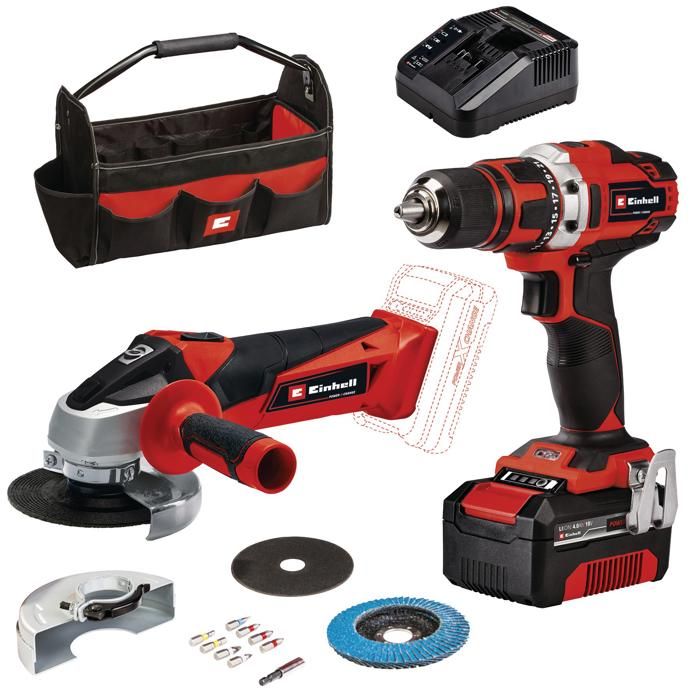 Einhell Perceuse visseuse sans fil TE CD 1840 Li + Meuleuse d’angle sans fil TC AG 18115 Li Power X Change Li Ion avec batterie 4 Ah et chargeur accessoires pour meuleuse d’angle embouts sac