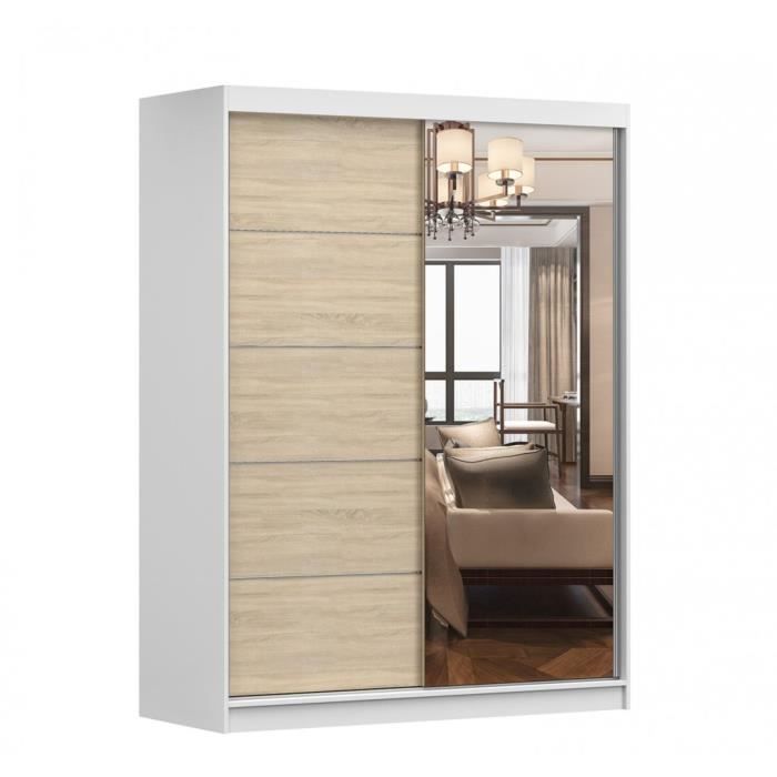 Armoire de chambre avec 2 portes coulissantes et miroir avec étagères - 150x200x61 cm - Beni 05 Classic (Blanc + Sonoma, 150)