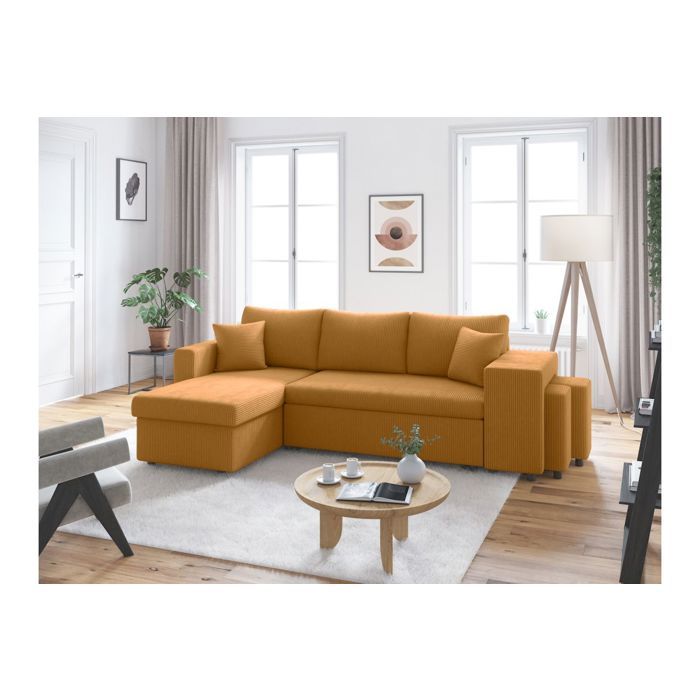 Canapé dangle réversible convertible OSLO avec coffre 2 poufs à droite en velours côtelé jaune - L241 x P146 x H81cm - LOUNGITUDE