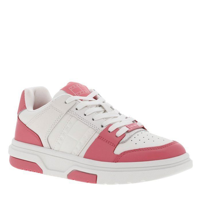 Tommy Jeans Tennis en cuir roses et blanches plates avec des lacets plats blancs