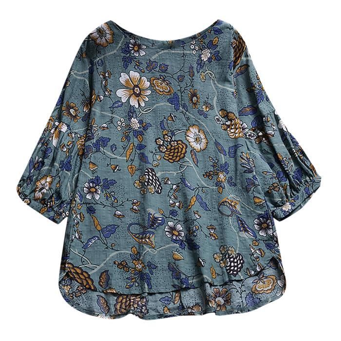 Chemise Femme Lin Grande Taille - Chemisier Coton Et Lin Col V Manches 3/4, Tunique Lâche Respirante Chic