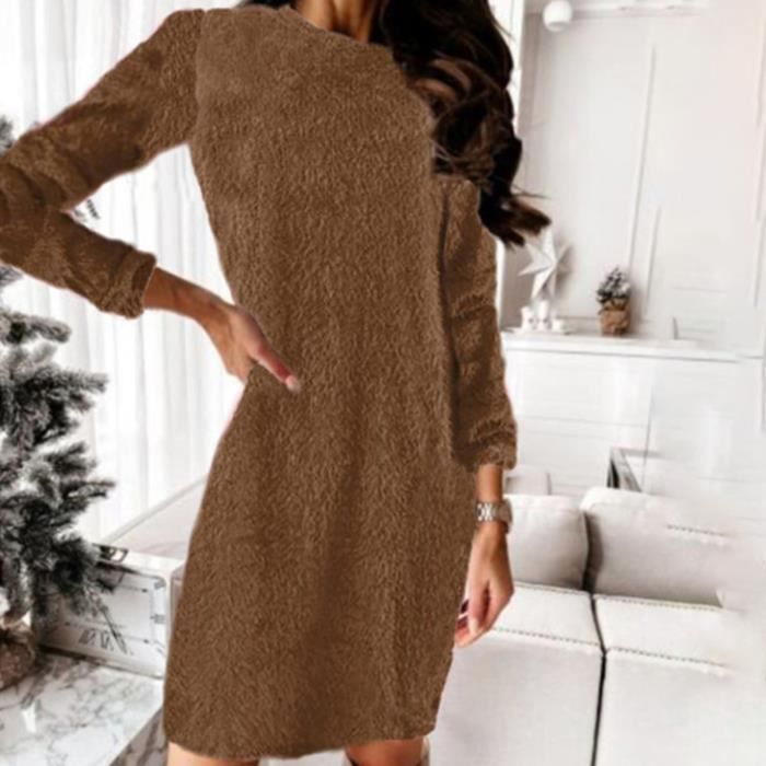 Robe Pull Femme Tricotée - Manches Longues, Col Rond, Couleur Unie - Tissu Doux Chaud Pour Automne/hiver - Coupe Droite Genou - 6
