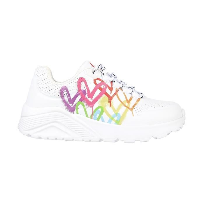 Skechers Basket Enfant - SKECHERS - Uno Lite - Blanc - Cœurs - Lacets - Synthétique - Plat