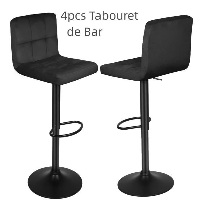 Tabouret de Bar réglable en Hauteur - OHMG - Lot de 4 - Noir - Tissu - Inox