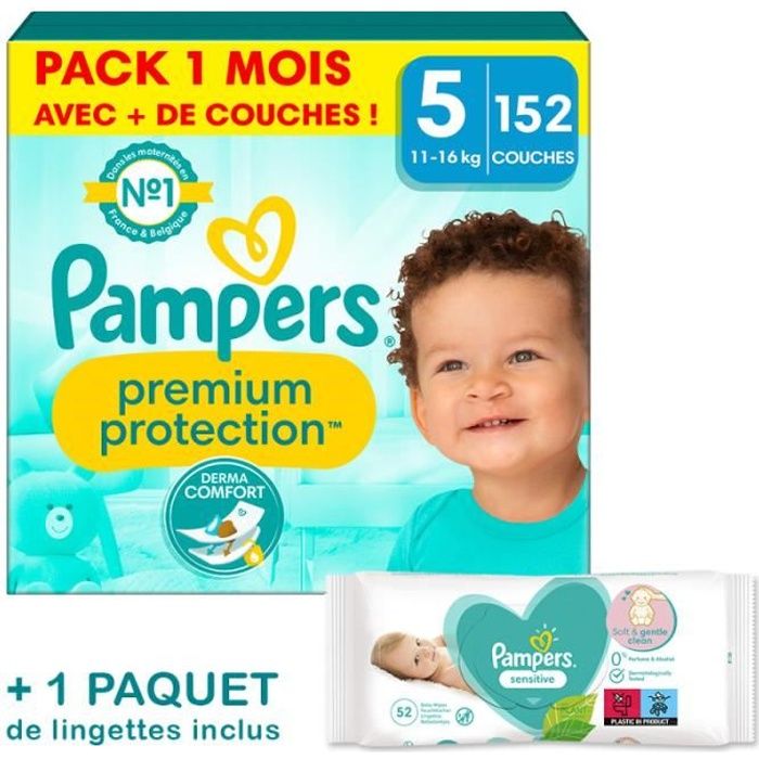 Pampers Premium Protection Taille 5, Pack 1 mois 152 Couches (Inclus 1  paquet de lingettes Pampers Sensitive) - Cdiscount Puériculture & Eveil bébé