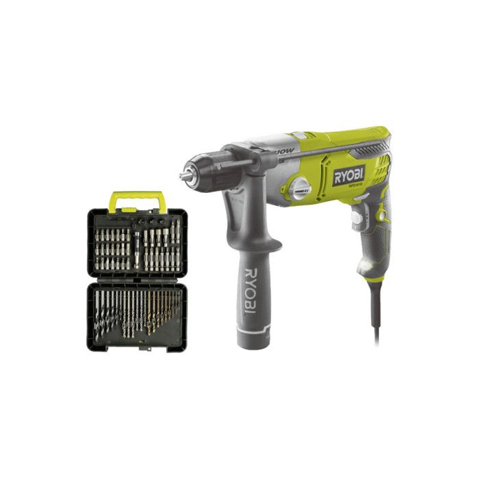 Pack RYOBI Perceuse à percussion RPD1010K Coffret de 60 accessoires RAK60DDF