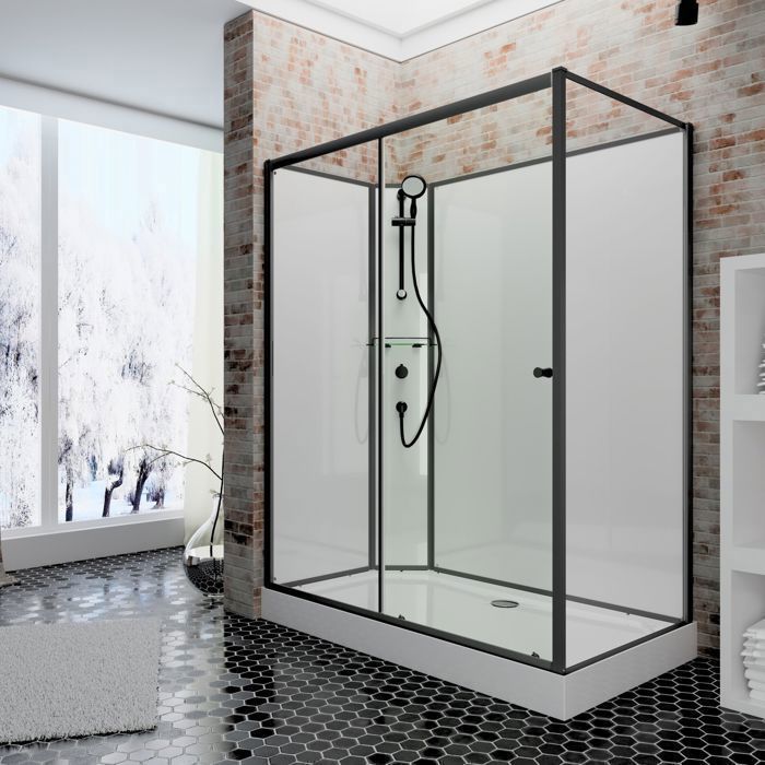 Schulte cabine de douche intégrale 120x90x204 cm ouverture gauche verre 5 mm cabine complète porte coulissante noir Tahiti