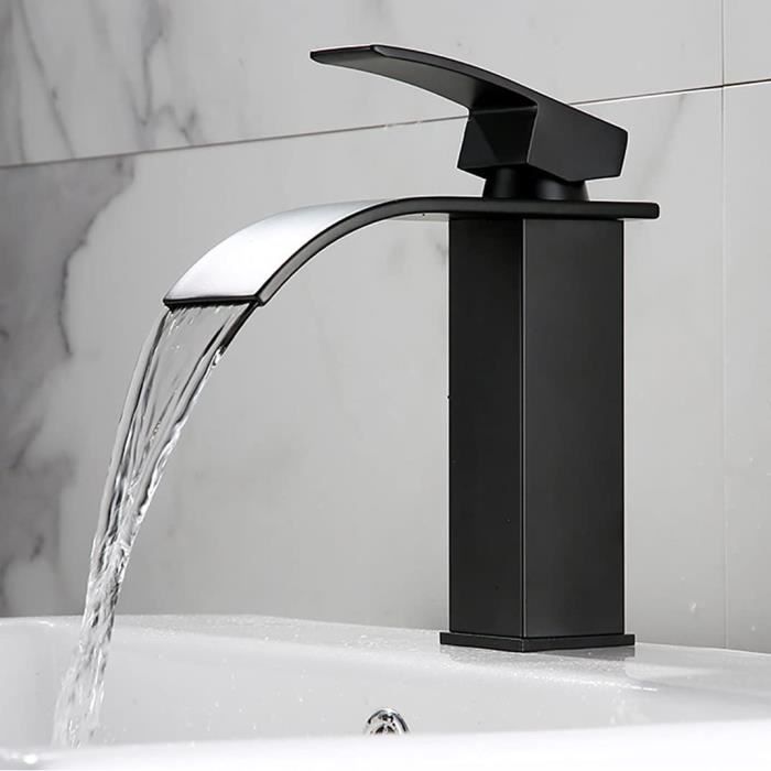 Robinet Cascade Noir Mat Pour Lavabo Salle De Bain - Mitigeur Monocommande Laiton, Bec Large - Filetage G3/8