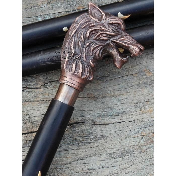 Canne De Marche En Bois Avec Poignée En Forme De Loup Noir[H4324