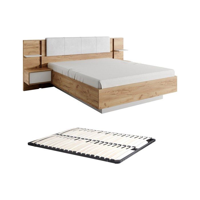 Lit avec chevets 160 x 200 cm - Avec LEDs - Coloris : Naturel et blanc + Sommier - ELYNIA