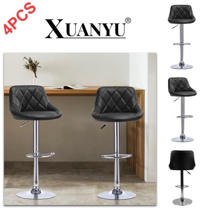 Tabouret de Bar Noir avec Dossier - XUANYU - Lot de 4 - Hauteur Réglable et Pivotant