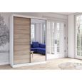 Armoire de chambre avec 2 portes coulissantes et miroir avec étagères - 150x200x61 cm - Beni 05 Classic (Blanc + Sonoma, 150)-1