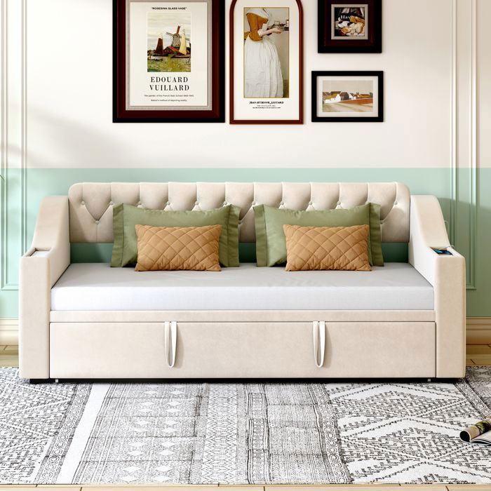 Lit Enfant 90x190 Avec Lit Gigogne Intégré – Velours Beige, LED RGB, Ports USB/Type-C, 2 Tiroirs – Sans Matelas - 14