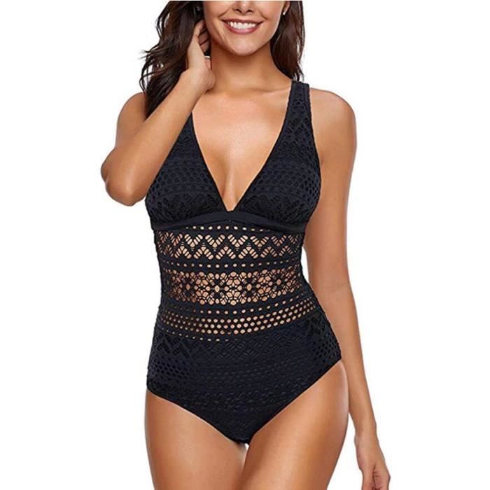 Maillot De Bain 1 Pi Ce En Dentelle Sexy Pour Femme Col V Maille