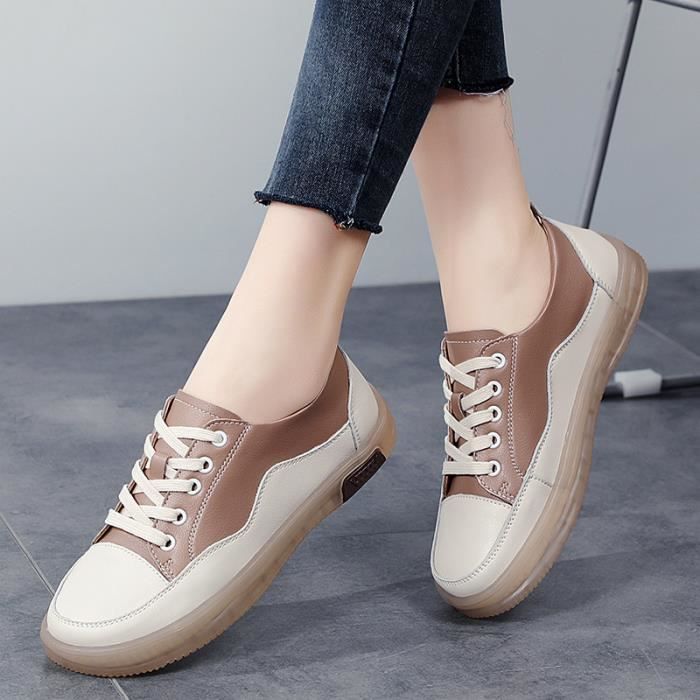 Baskets Femme Vintage en Cuir Plat Doux Respirante AIEVIS Marron