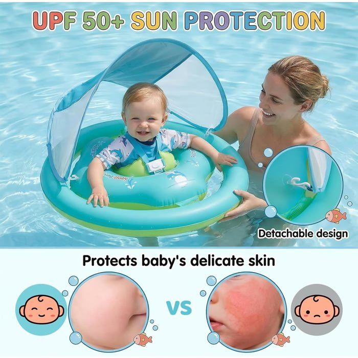 Bouée Bébé Avec Pare-Soleil Amovible Upf50+, Bouee Bebe 12 À 36 Mois (1-3 Ans), Siège De Natation, Piscine Pour Enfants, Jouet Aid - Sport