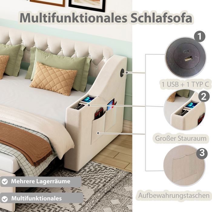 Lit Enfant 90x190 Avec Lit Gigogne Intégré – Velours Beige, LED RGB, Ports USB/Type-C, 2 Tiroirs – Sans Matelas - 13