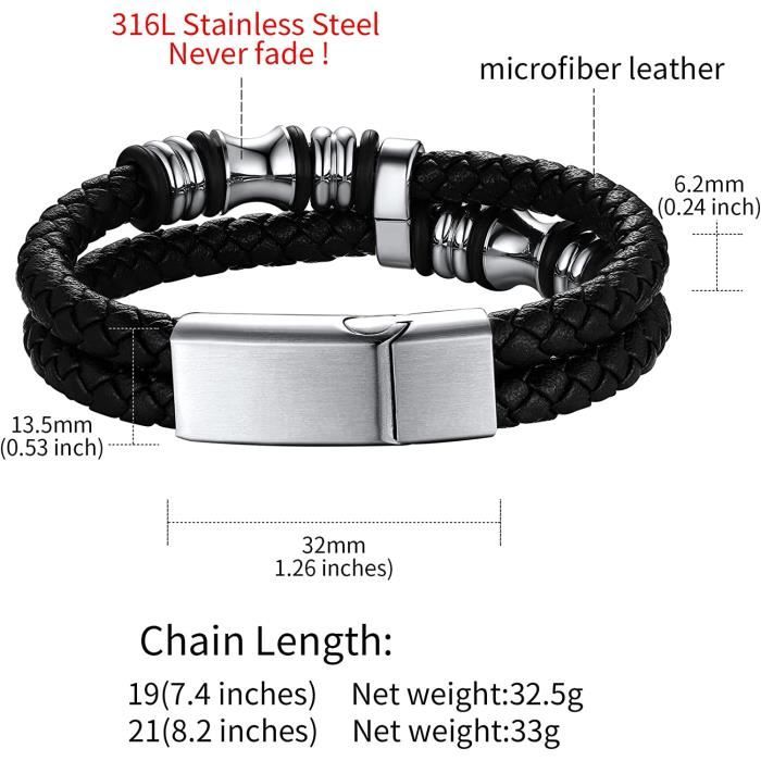 Bracelet Cuir Homme Fermoir Magnétique Acier 19-21 Cm [Argent-Noir
