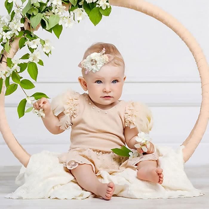 Bandeaux à Fleurs pour Bébé Fille, 3 Pièces Bandeau Perle Strass en Nylon  pour Bebe Elastiques Floraux Bande de Cheveux