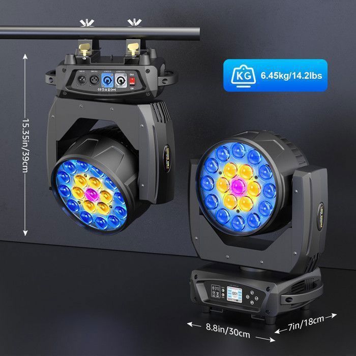 Projecteur à Tête Mobile LED RGBW 19x20W - Effets Beam, Vortex, Kaléidoscope, Zoom 6-60°, DMX512 - Pour Scène, DJ, Club, Mariage
