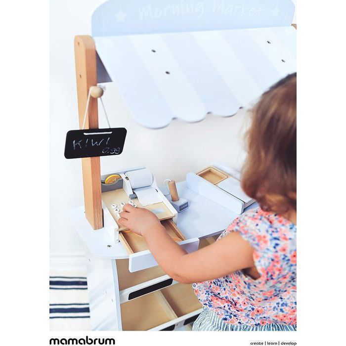 Marchande Enfants 2en1 Stand Vendeur & Théâtre Bois Mamabrum 97cm - 16 Accessoires Inclus