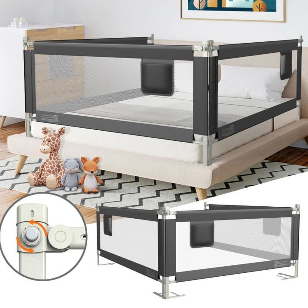 Barrière De Lit Enfant Pliable 200 Cm - Hauteur Réglable 70-98 Cm, Maille Respirante | Anti-chute, Sécurité Bébé - 3