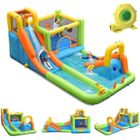 DREAMADE Château Gonflable avec Gonfleur 680W, Toboggan, Mur d'Escalade, Zone de Saut, Piscine, Canon à eau, Jeu de Fléchettes