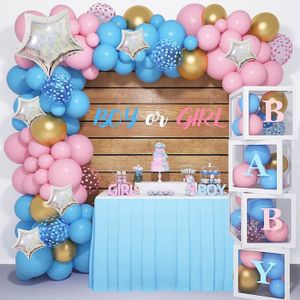 POUPON 136Pices Baby Shower Decoration Filles Baby Cube Bote Rose et Bleu Ballon Guirlande Arche A-Z Lettres Ballon Gender