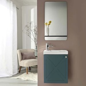LAVE-MAIN Meuble lave-mains suspendu vert de gris MOB-IN Ava avec vasque en céramique blanche, miroir et robinet chromé