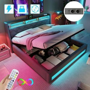 Lit Coffre Double 160x200 Cm Avec Tête De Lit Haute Et LED - Ports USB/Type-C, Rangement Hydraulique - Tissu Lin Gris, Sans Matelas