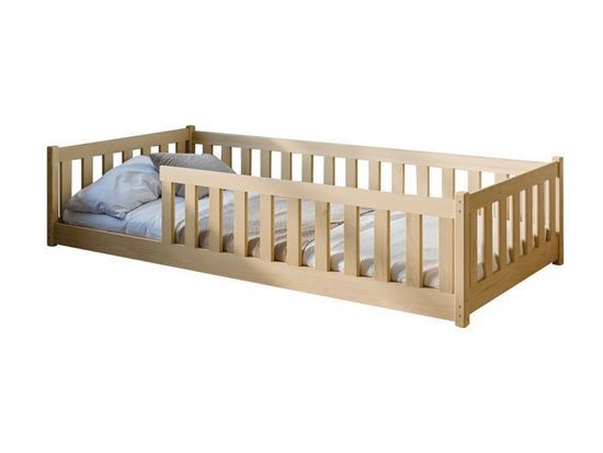 Lit Au Sol Montessori 90x200 Cm – Bois Massif, Avec Barrière De Sécurité Et Sommier à Lattes
