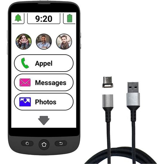 Amplicomms M510-M Smartphone pour senior 4G avec câble magnétique de Charge - Touche SOS - Simplifié