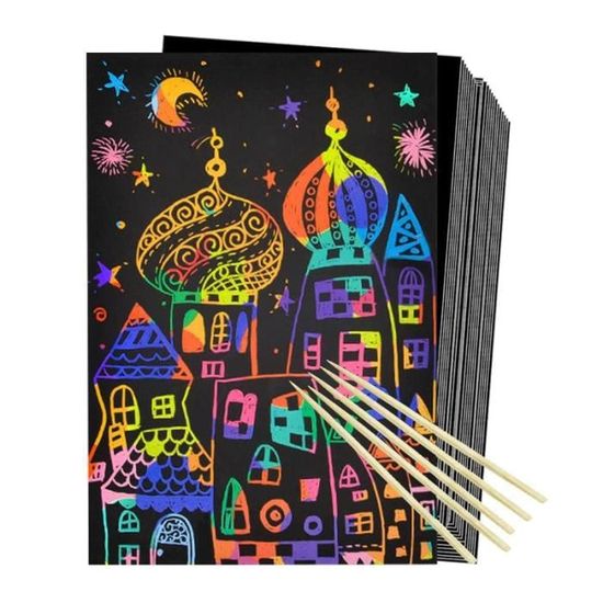 Vicloon Lot de 50 Kit d'images à gratter pour Enfant, Magic Rainbow Papier à gratter avec 4 pochoirs, 5 Stylets en Bois, Scratch Art pour Écriture, Jeux, Dessins, Bricolage - 13 x