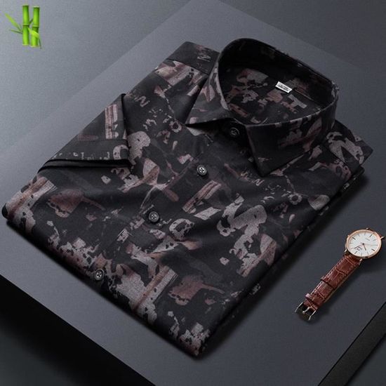 Chemise en coton beige coupe droite à col cubain avec imprimé feuilles