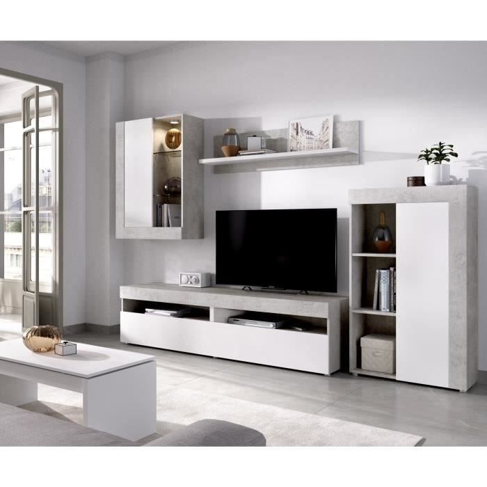 Ensemble Meuble TV TOKIO - Classique - Panneaux de particules - Blanc et Béton - L 265 x P 42 x H 18