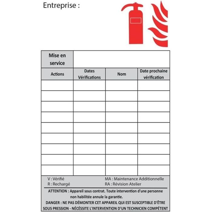 100 Étiquettes de Maintenance extincteurs Vierge 70 x 100 mm - Extincteur Ref: ETM1