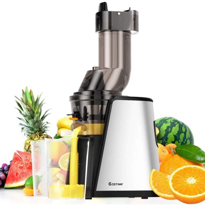 Extracteur de Jus,Centrifugeuse Fruits et Légumes en Acier Inoxydable+PC avec 2 Tasses,1 Brosse de Nettoyage en Blanc argenté+Noir