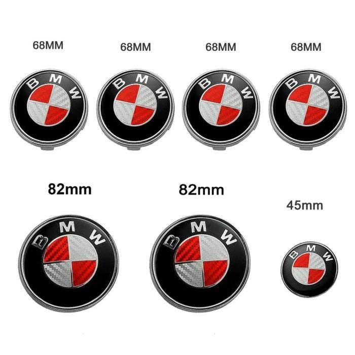 Lot de 7 BMW Fibre de Carbone Rouge et Blanc Logo Emblème Centre de Roue，La Marque du Capot et du Coffre Est de 82mm + 82mm