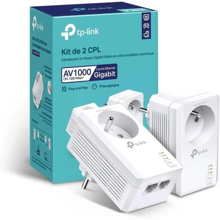 Kit de 2 CPL 1000 Mbps - Kit de 2 - TP-LINK - Prise CPL avec 2 Ports Ethernet Gigabit et Prise Intégrée - TL-PA7027P KIT(FR)