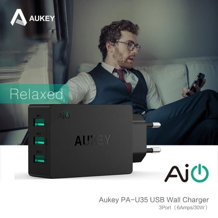 AUKEY Chargeur Secteur USB 3 Ports Universel Chargeur Mural 30W 6A Adaptateur USB Universel pour Apple iOS Android PA-U35