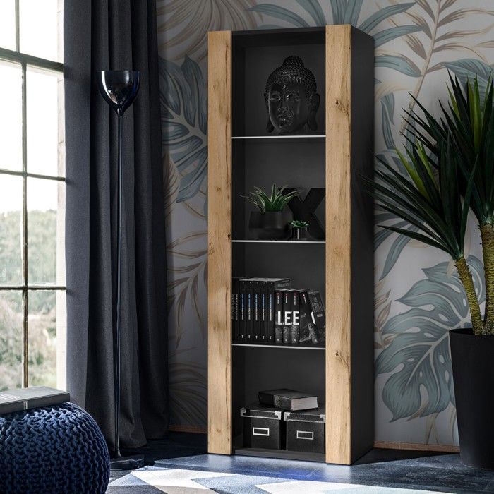 Vitrine armoire Tivoli Komodee - sans LED - Bois naturel Mat & Noir - L55cm x H159cm x P35cm