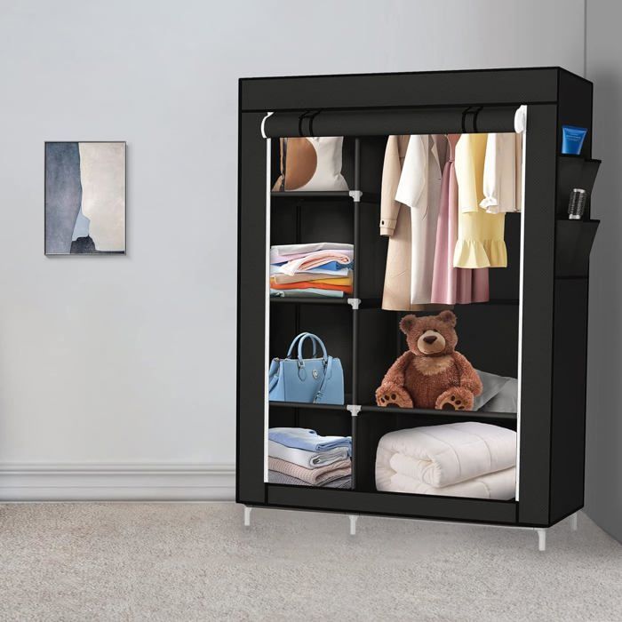 Armoire De Rangement Pliante LANTUS - Tissu Sur Cadre Métallique - Dimensions 175x150x45 Cm - Noir - Penderie Temporaire, Dressing, Camping - Montage DIY Facile