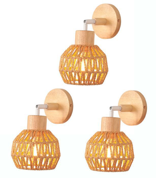 IDEGU 3pcs Applique Murale IndustrielLampe Murale en Bois et Rotin Brun Réglable Plafonnier Rétro Abat-jour Cage pour Salon