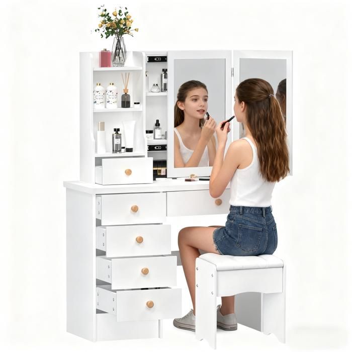 Meuble Coiffeuse BIPLUT Pratique avec Miroir Glissant 6 Tiroirs et Rangement Caché Design Élégant pour Chambre