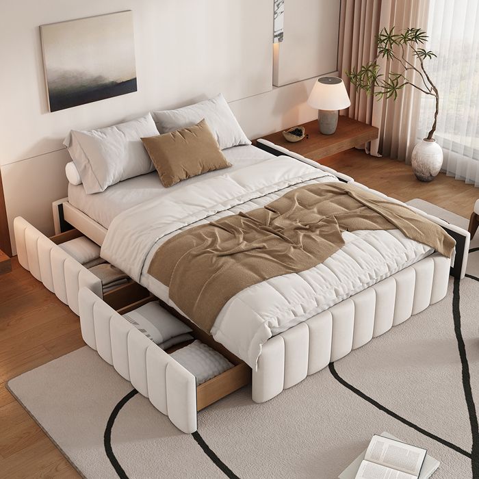 Lit avec tiroirs 140x200 cm Lit capitonné - sans tête de lit Lit double - SWEIKO - Beige Lit avec tiroirs 140x200 cm Lit capitonné - sans tête de lit Lit double - SWEIKO - Beige