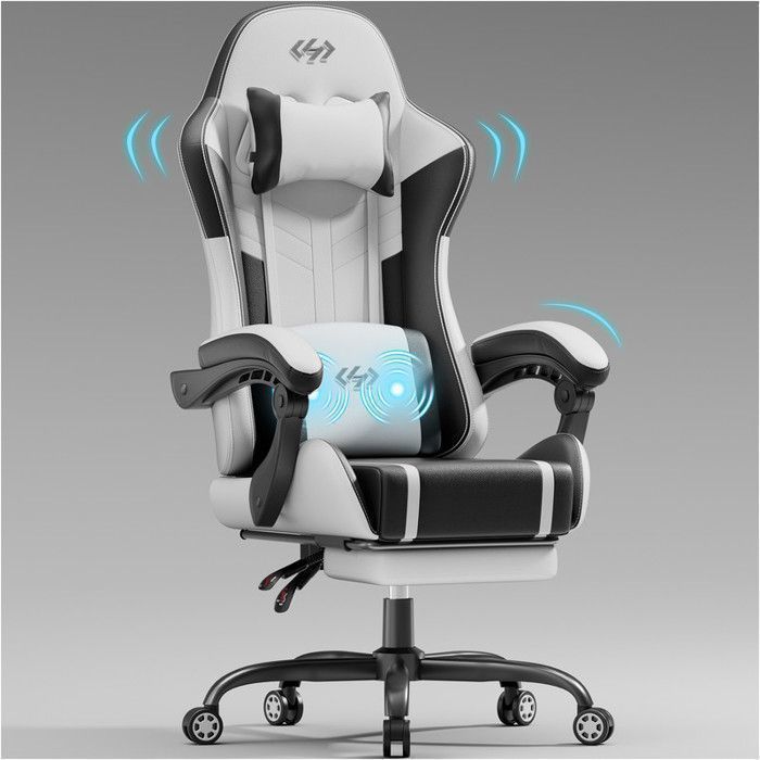 ECOFURNIX Chaise Gaming avec Coussin Lombaire Massant et Repose-Pieds Fauteuil ergonomique à ressorts ensachés Noir et Blanc