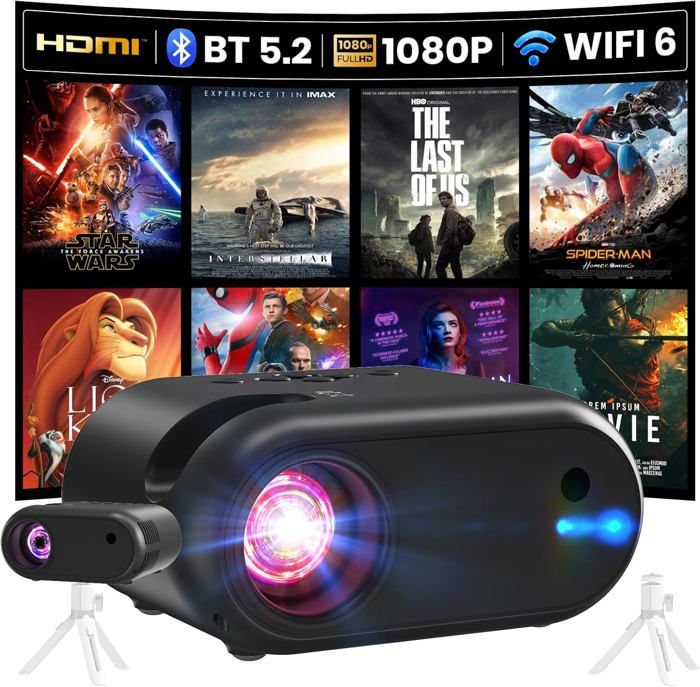 Mini Vidéoprojecteur 1080p WiFi/Bluetooth - Portable Avec Trépied